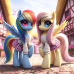 Size: 1024x1024 | Tagged: safe, ai content, machine learning generated, fluttershy, rainbow dash, pegasus, pony, bing, clothed ponies, clothes, duo, female, looking at you, mare, matching outfits, ponyville, skirt, spread wings, sweater