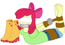 Size: 3000x2092 | Tagged: safe, artist:cardshark777, derpibooru import, apple bloom, human, equestria girls, g4, barefoot, blindfold, bondage, boots, bow, digital art, feet, female, gag, green shirt, hair bow, helpless, hogtied, rope, rope bondage, shoes, shoes removed, simple background, solo, tape, tape gag, transparent background, wip