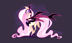 Size: 2048x1228 | Tagged: safe, artist:janegumball, derpibooru import, fluttershy, bat pony, pony, g4, abstract background, alternate cutie mark, alternate design, alternate eye color, alternate universe, armor, bags under eyes, bat ponified, bite mark, blue sclera, colored eyelashes, colored pupils, colored sclera, colored wings, eternal night au (janegumball), ethereal mane, ethereal tail, fangs, female, flutterbat, frown, helmet, large wings, long legs, long mane, long neck, long tail, mare, narrowed eyes, nightmare fluttershy, nightmarified, partially open wings, peytral, pink eyes, pink mane, pink tail, profile, race swap, signature, slit eyes, solo, standing, tail, tall ears, tallershy, teal sclera, thin legs, two toned wings, wavy mane, wavy tail, wings, yellow coat