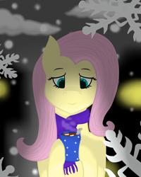 Size: 4000x5000 | Tagged: safe, artist:windy, derpibooru import, fluttershy, mouse, pegasus, pony, g4, chocolate, clothes, cute, food, holding, hot chocolate, looking down, marshmallow, night, scarf, snow, snowfall, snowflake, solo, winter