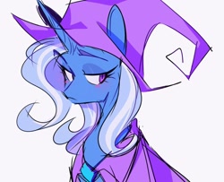 Size: 1280x1041 | Tagged: artist needed, source needed, useless source url, safe, derpibooru import, trixie, pony, unicorn, g4, blue coat, blushing, eyebrows, eyebrows visible through hair, horn, simple background, solo