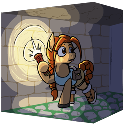 Size: 835x849 | Tagged: safe, artist:jargon scott, derpibooru import, earth pony, pony, female, flare, head turn, hoof hold, lara croft, mare, ponified, solo, species swap, tomb raider, tunnel