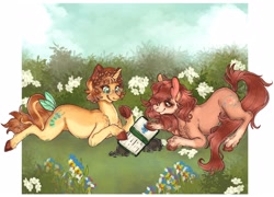 Size: 2048x1476 | Tagged: safe, artist:hedgepods, derpibooru import, oc, oc only, oc:brianna, oc:faery ring, earth pony, pony, unicorn, book, duo, female, glasses, grass, horn, lying down, mare, prone, reading, unshorn fetlocks