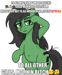 Size: 1125x1353 | Tagged: safe, artist:jargon scott, derpibooru import, oc, oc only, oc:anon-mare, oc:dyx, oc:nyx, alicorn, earth pony, pony, belly, belly button, bipedal, emoji, female, frown, lidded eyes, mare, simple background, solo, text, vulgar, white background