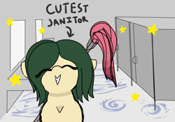 Size: 2500x1750 | Tagged: safe, artist:allhallowsboon, derpibooru import, oc, oc only, oc:myrtle remedy, earth pony, pony, ^^, bathroom, bathroom stall, clean, cleaning, cream coat, ears, earth pony oc, english, eyes closed, female, floppy ears, green mane, happy, janitor, looking at you, mare, mop, smiling, solo, text, working