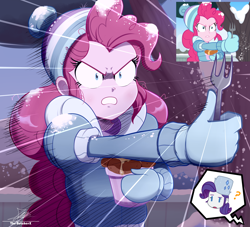 Size: 2134x1934 | Tagged: safe, artist:the-butch-x, derpibooru import, screencap, pinkie pie, rarity, human, better together, equestria girls, g4, holidays unwrapped, clothes, fanart, female, food, fork, gloves, outdoors, question mark, saving pinkie's pie, screencap reference, snow, solo focus, tree, winter, winter outfit