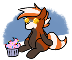 Size: 426x354 | Tagged: safe, artist:jargon scott, derpibooru import, oc, oc only, oc:pandy cyoot, pony, red panda, red panda pony, belly button, cupcake, female, food, mare, plushie, simple background, solo, white background