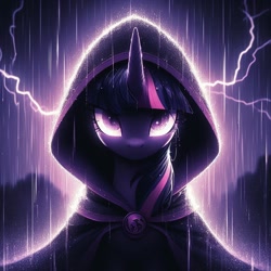 Size: 1024x1024 | Tagged: safe, ai content, derpibooru import, generator:dall-e 3, machine learning generated, twilight sparkle, pony, g4, backlighting, clothes, dark, female, glowing, glowing eyes, lightning, mare, prompter:doomguy397, rain, robe, storm