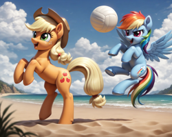 Size: 1920x1536 | Tagged: safe, ai content, derpibooru import, generator:pony diffusion v6 xl, generator:stable diffusion, machine learning generated, applejack, rainbow dash, earth pony, pegasus, pony, g4, beach, bipedal, cloud, duo, ear fluff, ears, female, flying, happy, hooves, looking offscreen, mare, ocean, open mouth, open smile, playing, prompter:foxpony, rearing, sand, smiling, sports, spread wings, tropical, volleyball, water, wings