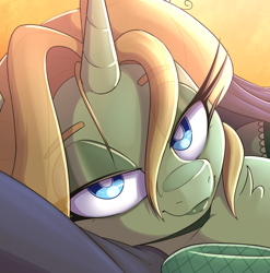 Size: 582x590 | Tagged: safe, artist:lockheart, derpibooru import, dear darling, pony, unicorn, bedroom eyes, chest fluff, close-up, eye clipping through hair, eyebrows, eyebrows visible through hair, female, horn, long eyelashes, looking at you, mare, preview, smiling, smiling at you, solo