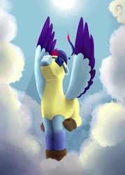 Size: 1000x1400 | Tagged: safe, artist:dagych, derpibooru import, oc, oc only, pegasus, pony, 2021, blue sky, clothes, cloud, flight suit, flying, male, pegasus oc, shoes, solo, stallion