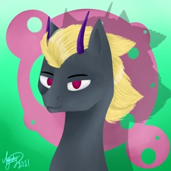 Size: 2160x2160 | Tagged: safe, artist:dagych, derpibooru import, oc, oc only, pony, unicorn, 2021, abstract background, blonde, blonde mane, bust, gradient background, gray coat, horn, red eyes, solo, unicorn oc