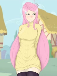 Size: 1620x2160 | Tagged: safe, artist:applelord, derpibooru import, fluttershy, human, g4, blushing, clothes, humanized, long hair, looking away, ponyville, shy, socks, sweater, sweater dress, sweatershy, thigh highs