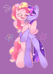 Size: 1440x2028 | Tagged: safe, artist:kuikuikui15441, derpibooru import, pinkie pie, twilight sparkle, earth pony, pony, semi-anthro, unicorn, female, horn, hug, lesbian, open mouth, open smile, shipping, smiling, twinkie