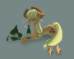 Size: 2500x2020 | Tagged: safe, artist:hede583748, derpibooru import, applejack, earth pony, pony, bottle, dishevelled, drunk, drunk aj, ears, female, floppy ears, green background, mare, simple background, solo, wine bottle