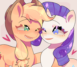 Size: 1237x1080 | Tagged: safe, artist:kuikuikui15441, derpibooru import, applejack, rarity, earth pony, pony, unicorn, duo, female, horn, lesbian, one eye closed, open mouth, open smile, rarijack, shipping, smiling