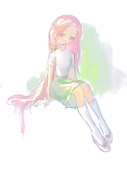 Size: 1640x2230 | Tagged: safe, artist:qiaoqiaosu52832, derpibooru import, fluttershy, human, equestria girls, g4, anime, full body, humanized, simple background, sitting, solo, white background