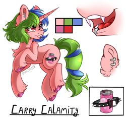 Size: 2200x2091 | Tagged: safe, artist:yuris, derpibooru import, oc, oc only, oc:carry calamity, pony, unicorn, chest fluff, colored hooves, cutie mark, ear piercing, earring, ears up, eye clipping through hair, eyebrows, eyebrows visible through hair, fangs, female, head turn, horn, jewelry, lip piercing, mare, open mouth, piercing, red eyes, reference sheet, shoulder fluff, simple background, smiling, solo, tail, two toned mane, two toned tail, unicorn oc, unshorn fetlocks, white background