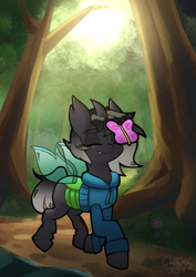 Size: 744x1052 | Tagged: safe, artist:chiefywiffy, derpibooru import, oc, oc only, butterfly, changeling, changeling oc, clothes, commission, eyes closed, forest, forest background, hoodie, male, nature, scenery, solo, stallion, tree