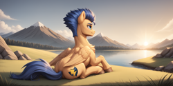Size: 5120x2560 | Tagged: safe, ai content, derpibooru import, generator:pony diffusion v6 xl, generator:stable diffusion, machine learning assisted, machine learning generated, flash sentry, pegasus, pony, folded wings, high res, mountain, prompter:oranzinispegasiukas, river, scenery, sitting, solo, sun, sunset, water, wings