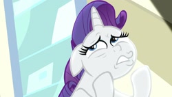 Size: 1920x1088 | Tagged: safe, derpibooru import, screencap, rarity, unicorn, dragon dropped, g4, season 9, colored pupils, expression, expressions, eyelashes, facial expressions, frown, hairstyle, hasbro, horn, looking up, purple hair, purple mane, sad, solo, teeth, white coat, white fur