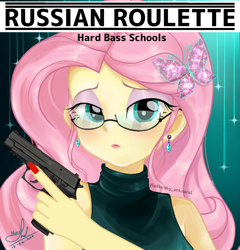 Size: 1194x1242 | Tagged: safe, artist:edy_january, artist:fluttershy_art.nurul, derpibooru import, fluttershy, human, better together, equestria girls, g4, agent, album, album cover, album parody, butterfly hairpin, clothes, dress, geode of fauna, glasses, gun, handgun, hardbass, jewelry, magical geodes, music, p220, pistol, russian roulette, secret agent, solo, song, song reference, the matrix, trigger discipline, weapon