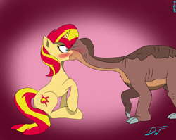 Size: 2292x1824 | Tagged: safe, artist:holdenwolfart, derpibooru import, sunset shimmer, dinosaur, pony, unicorn, blushing, crack shipping, crossover, crossover shipping, eyes closed, gradient background, horn, kissing, littlefoot, shipping, surprised