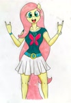 Size: 2430x3500 | Tagged: safe, artist:killerteddybear94, derpibooru import, fluttershy, anthro, belt, clothes, cute, cutie mark on clothes, fluttershy day, horns, looking at you, miniskirt, shirt, shyabetes, skirt, smiling, solo, t-shirt, white skirt
