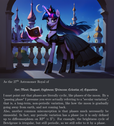 Size: 2432x2672 | Tagged: safe, ai content, derpibooru import, generator:pony diffusion v6 xl, generator:stable diffusion, machine learning generated, twilight sparkle, unicorn twilight, pony, unicorn, astronomy, balcony, book, canterlot, clothes, crescent moon, dress, goth, magic, magic aura, math, math joke, moon, night, night sky, prompt in description, prompter:kopaleo, sky, telekinesis