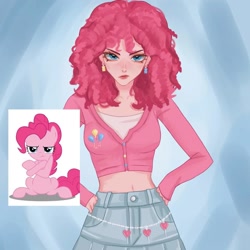 Size: 1440x1440 | Tagged: safe, artist:liahsaflor, derpibooru import, pinkie pie, earth pony, human, pony, alternate hairstyle, belly button, clothes, ear piercing, earring, female, humanized, jewelry, mare, midriff, piercing, pinkie pie is not amused, sassy, shirt, skirt, solo, unamused