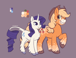 Size: 2048x1572 | Tagged: safe, artist:churrokat, derpibooru import, applejack, rarity, classical unicorn, earth pony, pony, unicorn, g4, alternate design, alternate tailstyle, applejack's hat, applejacked, blonde, blonde mane, blonde tail, blue eyes, body freckles, chest fluff, clothes, cloven hooves, coat markings, color palette, colored hooves, colored muzzle, cowboy hat, curly hair, curly mane, curly tail, curved horn, duo, duo female, ear fluff, ears, eyelashes, facial markings, female, freckles, green eyes, hat, height difference, horn, leg fluff, leg freckles, leonine tail, looking back, mare, mealy mouth (coat marking), muscles, one eye closed, orange coat, physique difference, ponytail, purple background, purple mane, purple tail, raised hoof, raised leg, redesign, ringlets, signature, simple background, smiling, socks (coat marking), standing, tail, tail fluff, thin legs, tied mane, tied tail, unshorn fetlocks, white coat, wingding eyes, wink