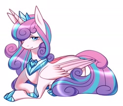 Size: 2040x1769 | Tagged: safe, artist:1313artemis13, derpibooru import, princess flurry heart, alicorn, crystal pony, pony, g4, armor, crossed hooves, crown, curly hair, curly mane, curly tail, eyelashes, female, flowing mane, flowing tail, jewelry, looking at you, lying down, mare, necklace, older, older flurry heart, prone, regalia, simple background, smiling, smiling at you, tail, two toned mane, two toned tail, white background