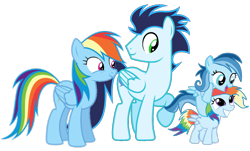 Size: 3466x2088 | Tagged: safe, derpibooru import, rainbow dash, soarin', oc, oc:ragtag, oc:shooting star, pegasus, pony, female, filly, foal, male, mare, offspring, parent:rainbow dash, parent:soarin', parents:soarindash, shipping, siblings, simple background, soarindash, stallion, straight, transparent background, twins