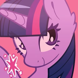 Size: 1365x1365 | Tagged: safe, artist:1313artemis13, derpibooru import, twilight sparkle, alicorn, g4, close-up, cutie mark, eyelashes, female, horn, looking at you, mare, pink background, purple eyes, simple background, smiling, smiling at you, solo, spread wings, two toned mane, wings