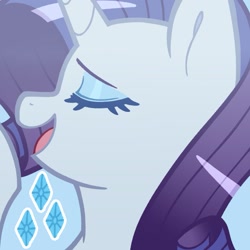 Size: 1365x1365 | Tagged: safe, artist:1313artemis13, derpibooru import, rarity, pony, unicorn, g4, blue background, blue eyeshadow, close-up, cutie mark, eyelashes, eyes closed, eyeshadow, female, horn, makeup, mare, open mouth, purple mane, simple background, solo, white coat