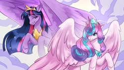 Size: 2560x1440 | Tagged: safe, artist:rowankitten, artist:sairona546986, derpibooru import, princess flurry heart, princess twilight 2.0, twilight sparkle, twilight sparkle (alicorn), alicorn, crystal pony, pony, g4, the last problem, armor, cloud, cloudy, crown, curly hair, curly mane, cyan eyes, duo, female, flowing mane, flying, future twilight, jewelry, large wings, looking at each other, looking at someone, mare, necklace, older, older flurry heart, older twilight, older twilight sparkle (alicorn), peytral, pink coat, purple coat, purple eyes, regalia, smiling, smiling at each other, spread wings, tail, two toned mane, two toned tail, unshorn fetlocks, wings