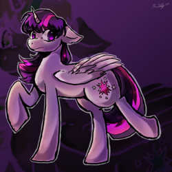 Size: 2000x2000 | Tagged: safe, artist:matilly, derpibooru import, twilight sparkle, twilight sparkle (alicorn), alicorn, pony, digital art, ears back, folded wings, halftone, highlight sparkle, highlights, horn, looking back, purple background, purple coat, purple eyes, screentone, signature, simple background, solo, strut, strutting, tail, two toned mane, two toned tail, wings