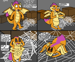 Size: 3000x2500 | Tagged: safe, artist:slywolf136, derpibooru import, smolder, dragon, spider, 4 panel comic, basement, black sclera, box, comic, commission, dialogue, dragoness, extra eyes, extra legs, female, fluffy, high res, open mouth, panicking, red eyes, shocked, shrinking, solo, speech bubble, spider web, story included, thought bubble, transformation, transformation sequence