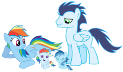 Size: 3812x2235 | Tagged: safe, derpibooru import, rainbow dash, soarin', oc, oc:ragtag, oc:shooting star, pegasus, pony, baby, baby pony, female, filly, foal, male, mare, offspring, parent:rainbow dash, parent:soarin', parents:soarindash, shipping, siblings, simple background, soarindash, stallion, straight, transparent background, twins