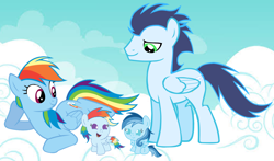 Size: 3812x2235 | Tagged: safe, derpibooru import, rainbow dash, soarin', oc, oc:ragtag, oc:shooting star, pegasus, pony, baby, baby pony, female, filly, foal, male, mare, offspring, parent:rainbow dash, parent:soarin', parents:soarindash, shipping, siblings, soarindash, stallion, straight, twins