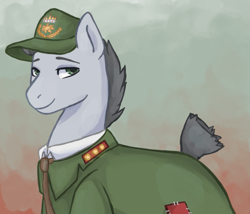 Size: 1013x868 | Tagged: safe, artist:naaw, derpibooru import, oc, oc:verbose maxim, equestria at war mod, clothes, green eyes, hat, necktie, simple background, smiling