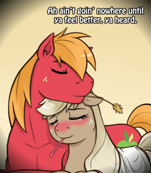 Size: 434x498 | Tagged: safe, artist:redhotkick, derpibooru import, applejack, big macintosh, earth pony, pony, g4, ask big red macintosh, blushing, brother and sister, dialogue, duo, duo male and female, ears, eyes closed, female, floppy ears, freckles, gradient background, male, mare, mouth hold, nuzzling, red nosed, siblings, sick, stallion, straw in mouth, thermometer