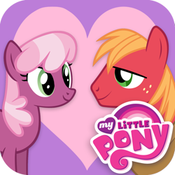 Size: 1024x1024 | Tagged: safe, derpibooru import, big macintosh, cheerilee, earth pony, pony, g4, app icon, big macintosh's yoke, cheerimac, duo, duo male and female, female, freckles, heart, heart background, hearts and hooves day, horse collar, looking at each other, looking at someone, male, mare, my little pony logo, my little pony: hearts and hooves day, playdate digital, shipping, smiling, stallion, straight, yoke