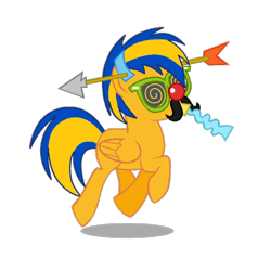 Size: 894x894 | Tagged: safe, artist:mlpfan3991, derpibooru import, oc, oc only, oc:flare spark, pegasus, april fools 2024, arrow, facial hair, female, glasses, moustache, party horn, red nose, simple background, solo, transparent background, trotting