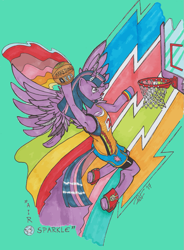 Size: 827x1126 | Tagged: safe, artist:touki-san, derpibooru import, twilight sparkle, twilight sparkle (alicorn), alicorn, pony, semi-anthro, g4, arms in the air, basket, basketball, basketball net, clothes, colorful background, copic, deviantart, flying, jersey, marker drawing, markers, shoes, shorts, solo, sports, sports outfit, sports shorts, spread wings, traditional art, wings