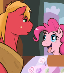 Size: 543x623 | Tagged: safe, artist:redhotkick, derpibooru import, big macintosh, pinkie pie, earth pony, pony, g4, ask big red macintosh, duo, duo male and female, female, looking at each other, looking at someone, male, mare, open mouth, open smile, smiling, smiling at each other, stallion, sugarcube corner