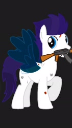 Size: 1242x2208 | Tagged: safe, artist:beforemonty, derpibooru import, oc, oc only, oc:megalou, black background, blue eyes, gun, injured, purple mane, purple tail, raised hoof, raised leg, simple background, solo, spread wings, tail, trace, weapon, wingboner, wings