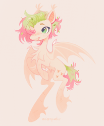 Size: 986x1196 | Tagged: safe, artist:onionpwder, derpibooru import, fluttershy, bat pony, pony, g4, alternate design, bat ears, bite mark, fangs, green eyes, green mane, leaves, leaves in hair, messy mane, multicolored hair, pink mane, scar, scratches, short mane, simple background, solo, sticks, white coat