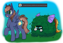 Size: 3176x2150 | Tagged: safe, artist:cattie, derpibooru import, oc, oc only, oc:ember eclipse, oc:stormchaser, bat pony, pegasus, pony, :p, ambush, bat pony oc, bush, funny, glasses, hiding, hiding in bushes, meme, pegasus oc, sparkles, spread wings, tongue, tongue out, unaware, waiting, wings