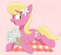 Size: 1166x1049 | Tagged: safe, artist:spoonie, derpibooru import, lily, lily valley, earth pony, pony, g4, blushing, bouquet, eye clipping through hair, eyebrows, eyebrows visible through hair, female, flower, flower in hair, implied anon, looking at you, looking sideways, lying down, mare, open mouth, open smile, picnic blanket, pink background, prone, simple background, smiling, smiling at you, solo